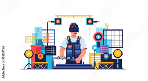 Man wearing VR headset and vest operating equipment.