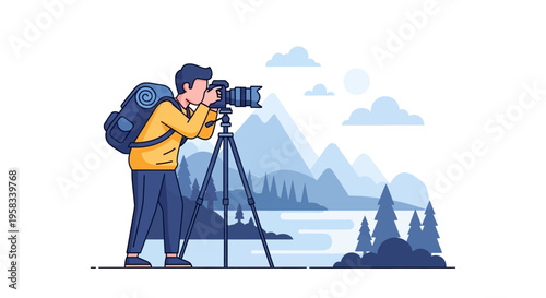 Man with Backpack Photographing Scenic Mountain Landscape.