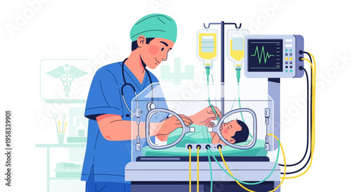 Medical professional caring for infant in neonatal intensive care unit.
