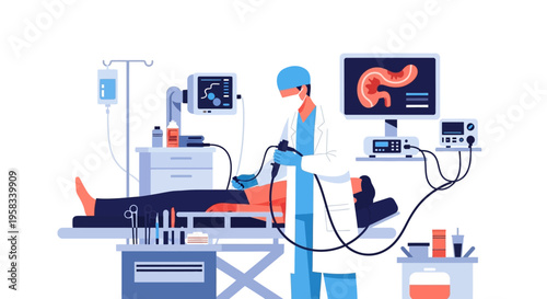 Medical Procedure Illustration Doctor Patient Equipment Screen.