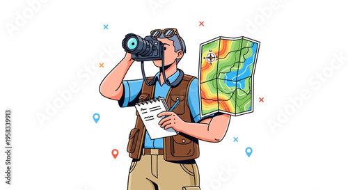 Man with binoculars and map exploring outdoors.
