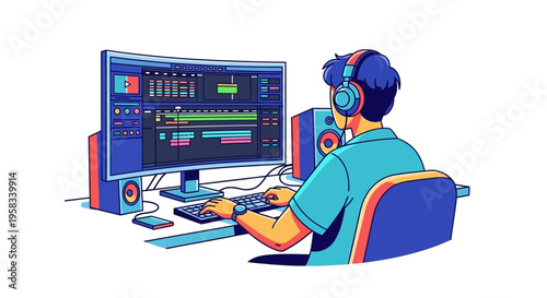 Man working on computer with headphones and speakers.