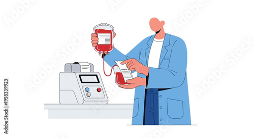 Medical professional holding blood bag and vial near equipment.