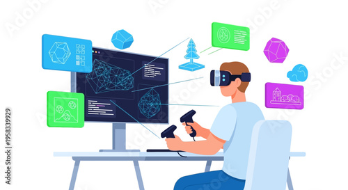 Man wearing VR headset interacting with digital interface.