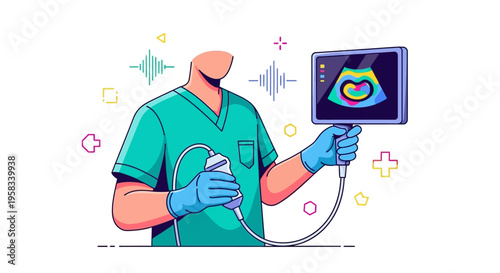 Medical professional holding ultrasound probe and screen showing fetus.