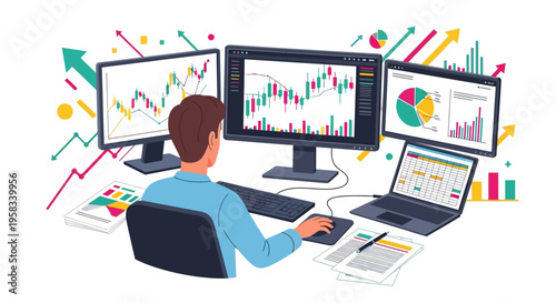 Man working on multiple computer screens with stock market charts.