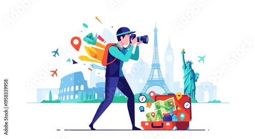 Man with Camera Capturing Travel Memories.