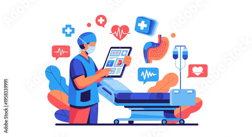 Medical Professional Using Digital Tablet in Hospital Setting.