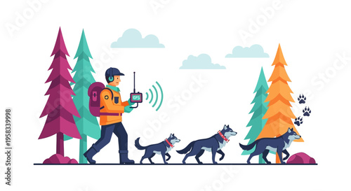 Man with dogs tracking wildlife in forest using technology.
