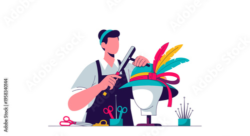 Milliner creating a decorative hat on a mannequin head.