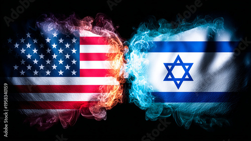 On the left is the US flag with red and white stripes and white stars on a blue background, on the right is the Israeli flag with a blue star of David on a white background. The flags are surrounded b