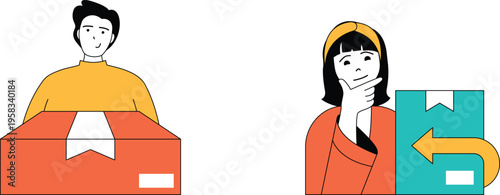 Two individuals interacting with different types of shipping boxes.