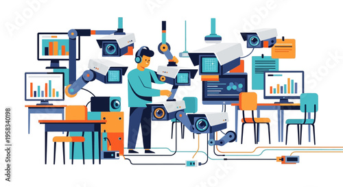 Man working with advanced surveillance technology and data analysis.