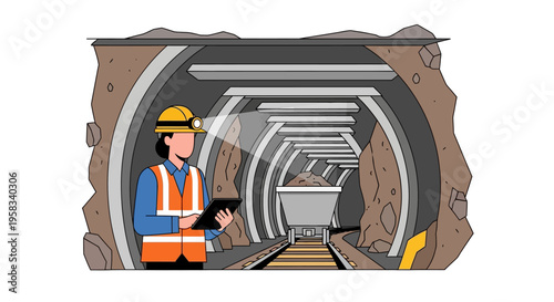 Mining engineer inspecting underground tunnel construction progress.
