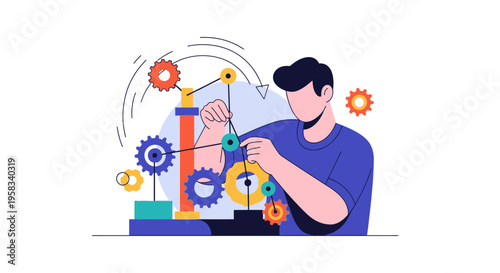 Man working with gears and machinery in a workshop setting.