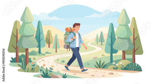Man with backpack hiking on a scenic forest trail.