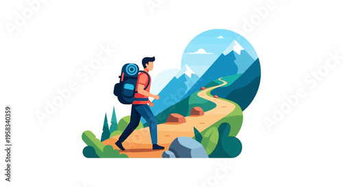 Man with backpack hiking on mountain trail.