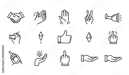 Minimal hand gesture line icons set handshake clapping victory thumbs up drag drop donation helping outline vector