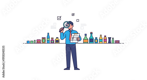 Man with Magnifying Glass Inspecting Products on Shelf.