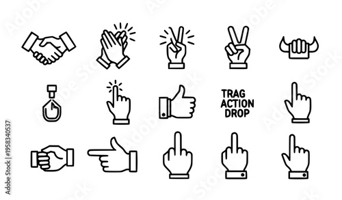 Bold linear hand gesture icons handshake clapping victory horns thumbs up drag drop donation help vector pack