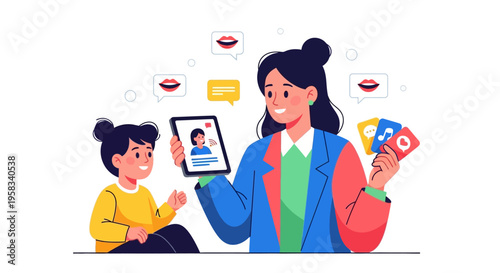 Mother and child learning online with digital flashcards.