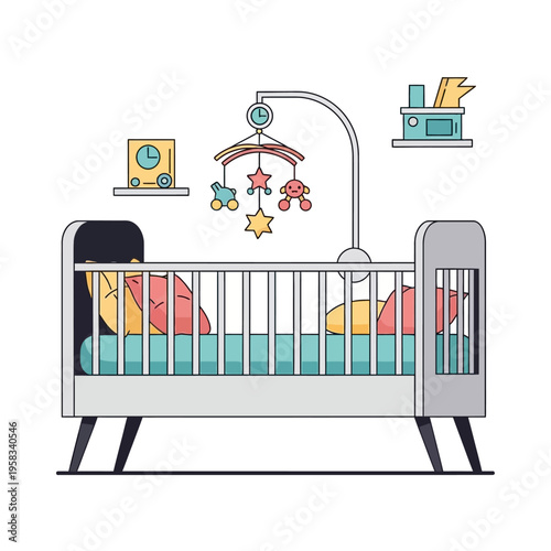 Modern Baby Crib with Mobile and Toys.