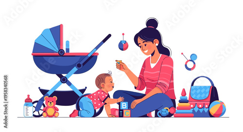 Mother feeding baby with toys and stroller illustration.