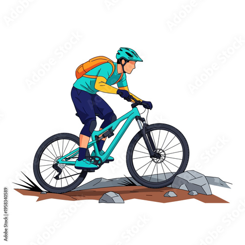 Mountain biker riding a full suspension bicycle on a rocky trail.