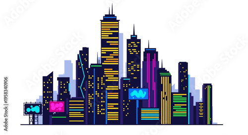 Modern Cityscape with Neon Lights and Tall Buildings.
