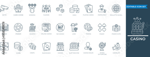 Casino icon set. It contains gambling, dice, playing cards, poker chips, poker, slot machines, and a jackpot line icon collection.