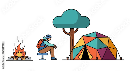 Man sitting by campfire and tent under tree.