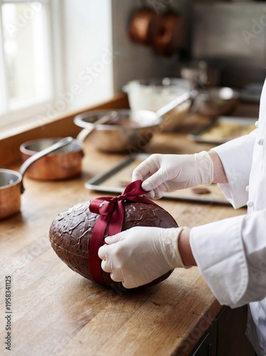 Confectioner tying red ribbon on chocolate easter egg