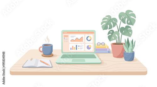 Modern Desk Setup with Laptop and Plants.