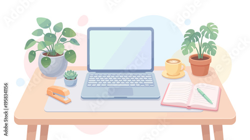 Modern Desk Setup with Laptop and Plants.