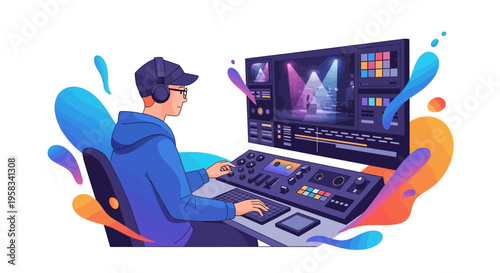 Man working on video editing software on computer.