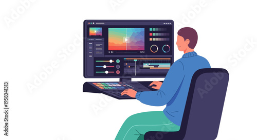 Man working on video editing software on computer screen.