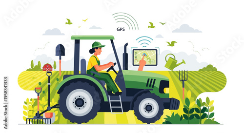 Modern Farmer Driving Smart Tractor in Agricultural Field.