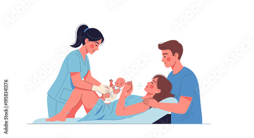 Newborn baby being welcomed by parents and midwife.