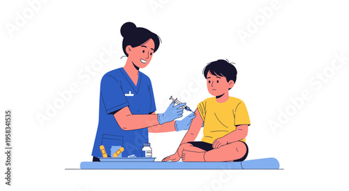 Nurse administering vaccine to young boy illustration.