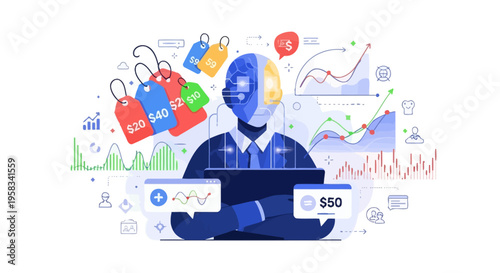 Man with half robotic head analyzing financial data and sales tags.