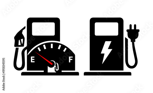 Dual Fuel and Electric Charging Station Icon Depicting Gasoline Pump with Fuel Nozzle and EV Charging Unit with Electric Plug Symbol