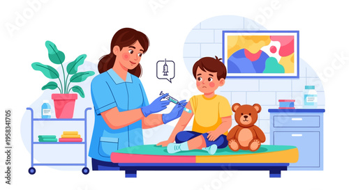Nurse giving vaccination to a young boy with teddy bear.