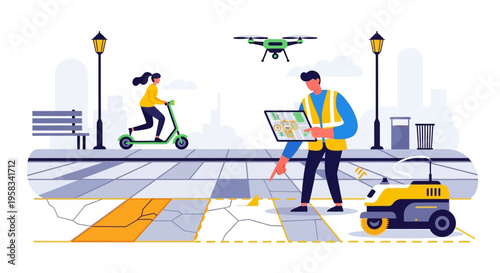 Man with tablet and robot, woman on scooter, drone overhead.