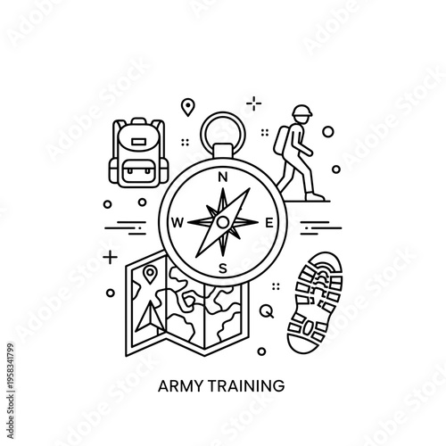 Army training elements with compass, map, and soldier walking  
