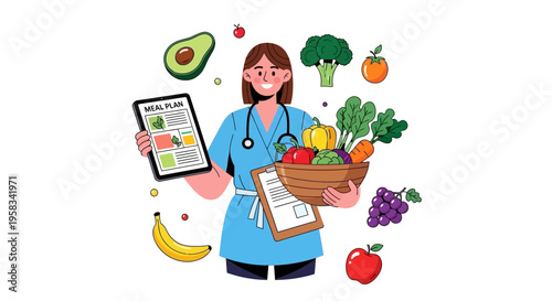 Nutritionist holding healthy food and meal plan.