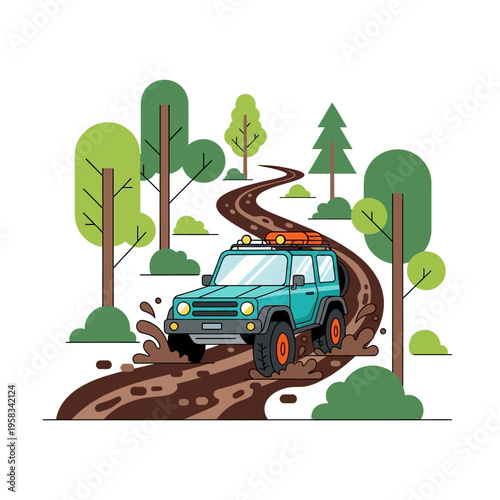 Off road adventure vehicle driving through muddy terrain.