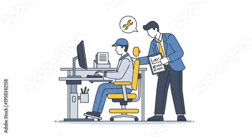 Office worker being supervised by manager at desk.