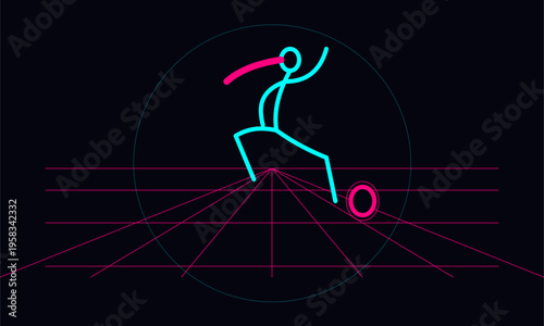 Neon vector illustration of a person kicking a ball in perspective