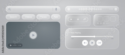 Minimal glassmorphism UI, UX for Media App. Neumorphic Interface Kit. UI, UX templates - bars, widgets, buttons, media players, tabs, cards, sliders for design Mobile Phone App. Vector graphic set