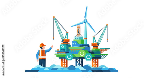 Offshore Wind Turbine Platform with Worker.